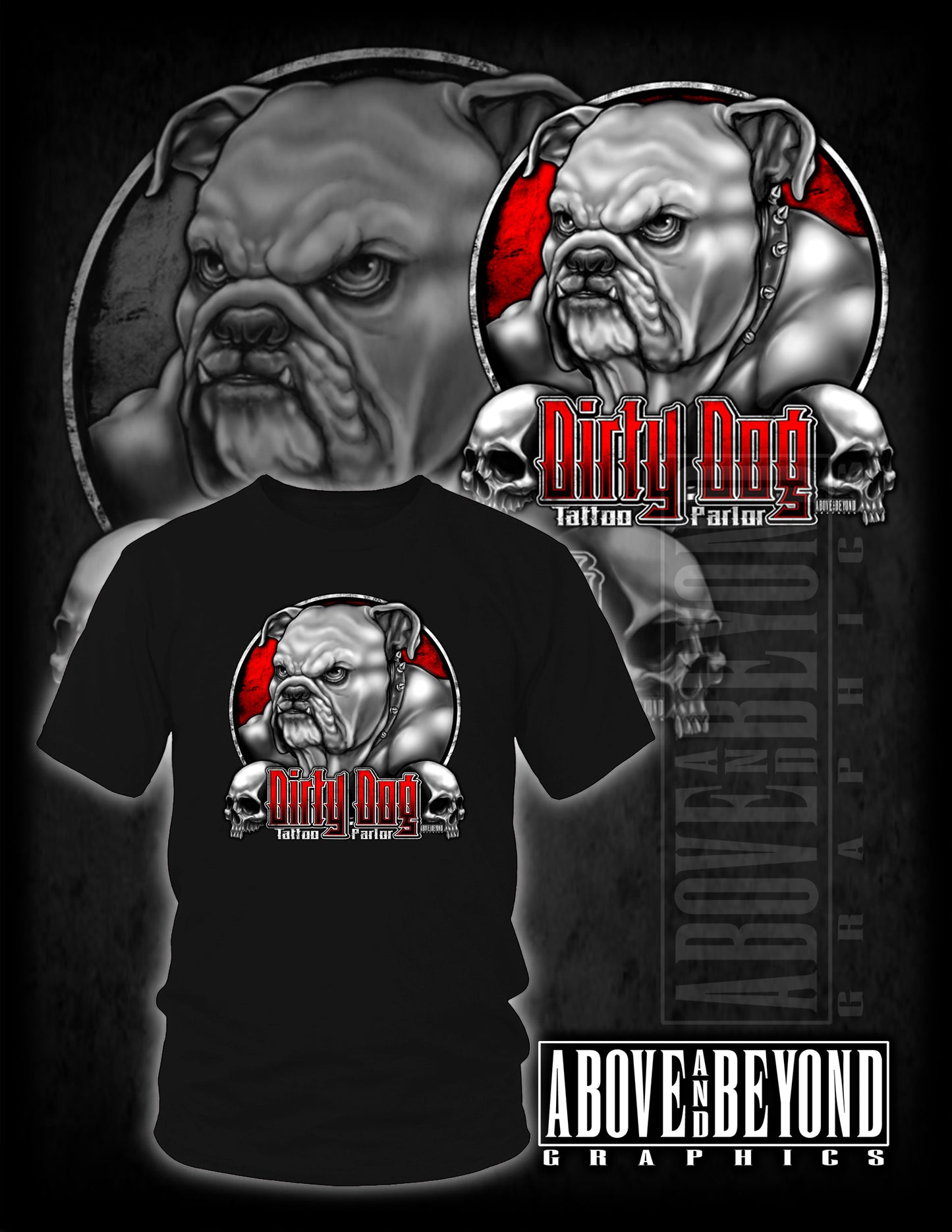 Dirty Dog Tattoo Parlor Featuring Bull Dog and skulls