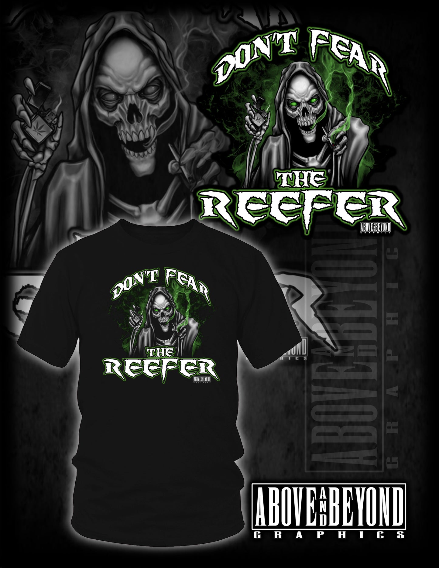 Skeleton Reeper smoking Reefer in a cloud of green smoke.