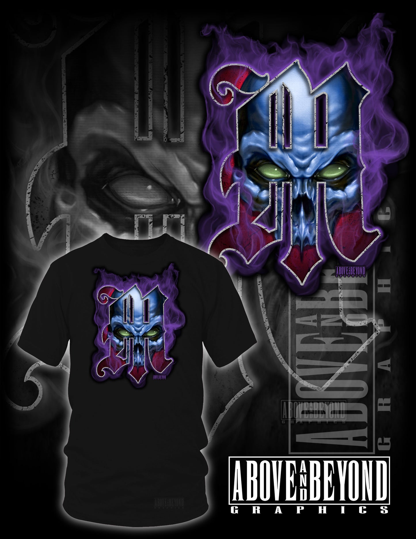 Blue Skull with purple smoke within the letter M