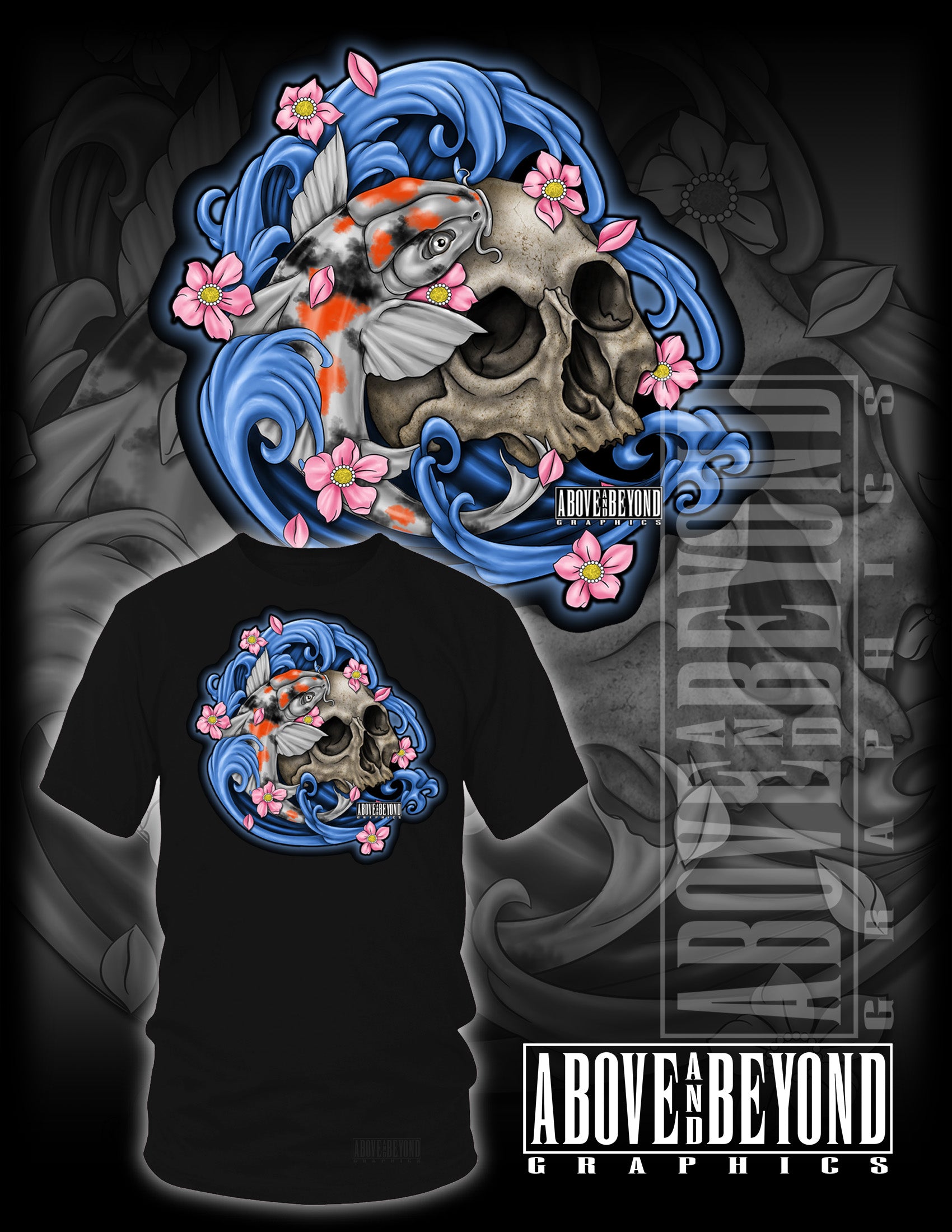 Koi Fish wrapped around skull with vibrant Blue splash and pink flowers.